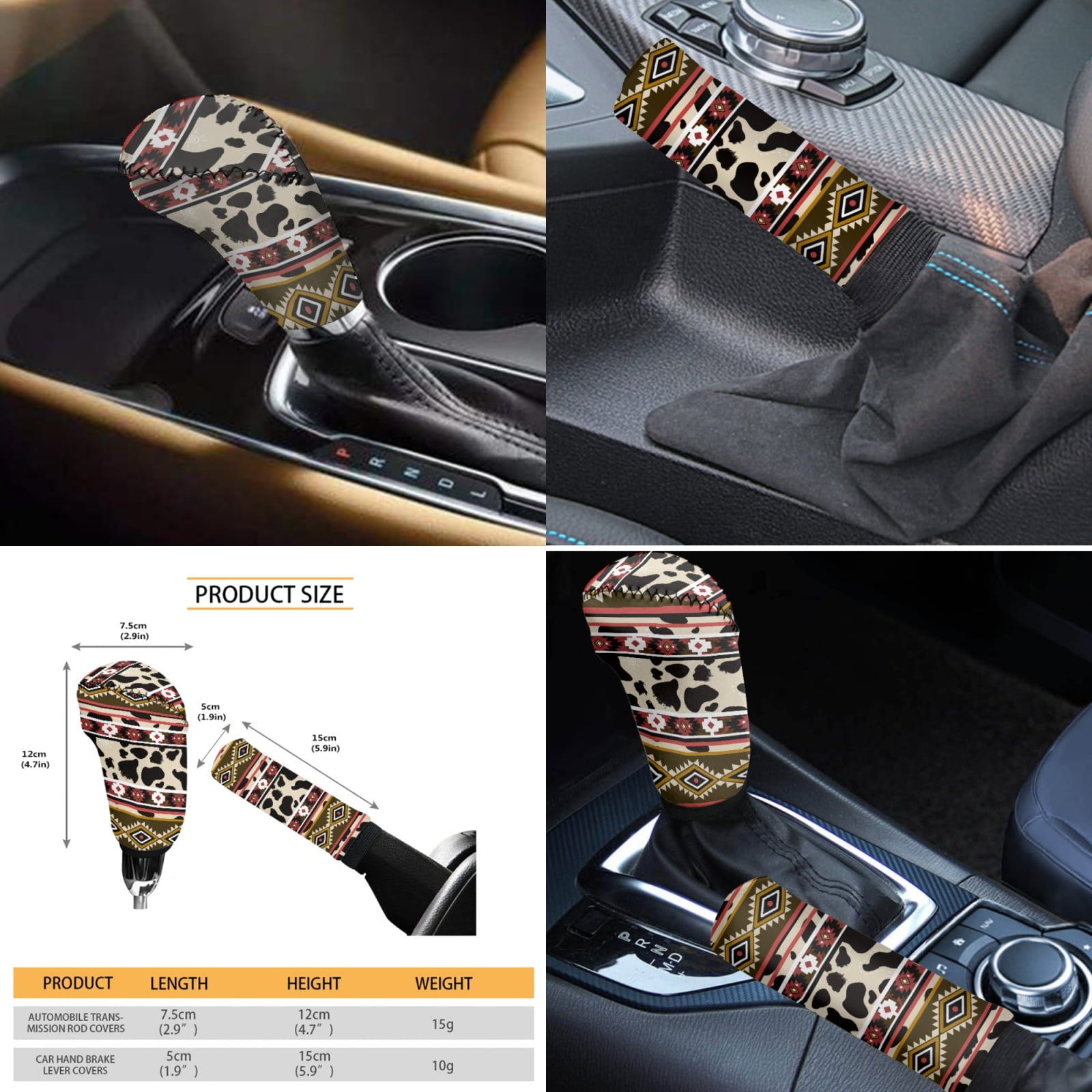 Renewold American Tribal Cow Print Red Beige Car Seat Cushion Cover Full Set 11 PCS, with Steering Wheel Cover Cup Coasters Handbrake Protector Gear Shift Knob Cover Headrest Covers Universal Fit