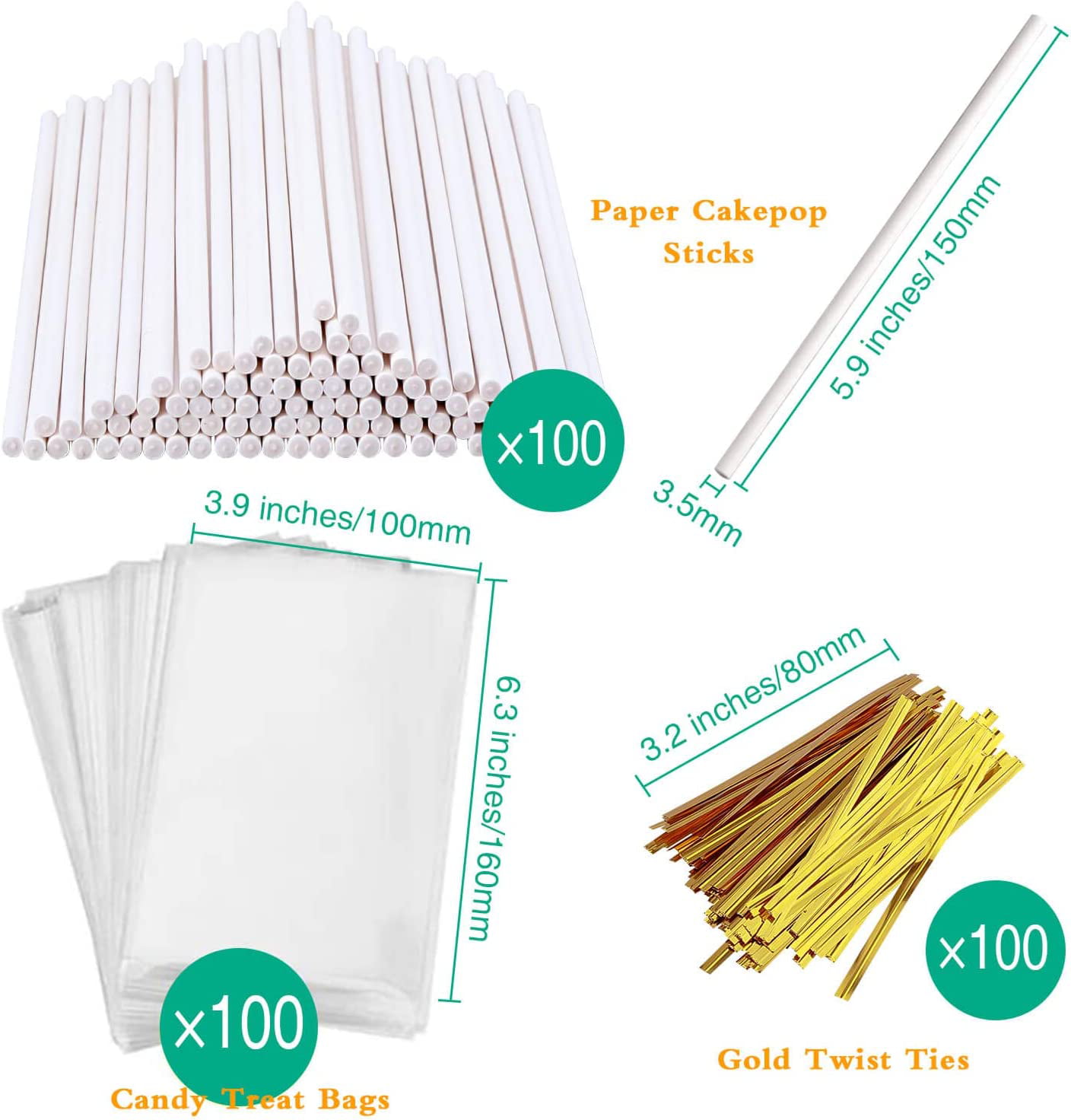 Cake Pop Sticks and Wrappers, Including 100 pcs 6-inch Paper Lollipop  Sticks, 100 pcs Iridescent Holographic Cellophane Bags, 100 pcs Gold Twist  Ties for Cakepop, Lollipop, Hard Candy,Chocolate - Yahoo Shopping