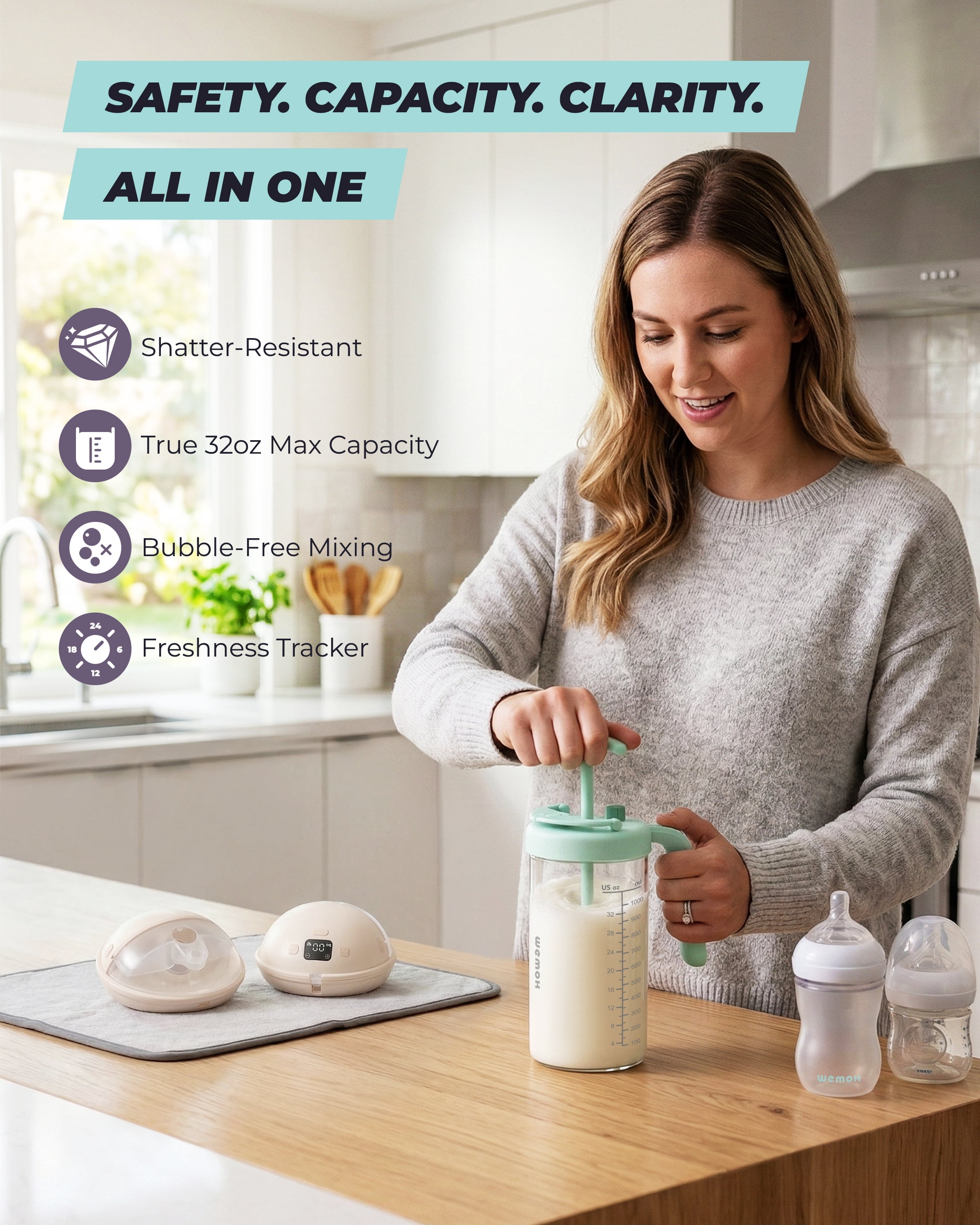 Borosilicate Glass Formula Mixing Pitcher with Time Dial, 32oz True Capacity BPA-Free Baby Bottle Mixer, Dishwasher-Safe Breastmilk Pitcher for Pitcher Method, Overnight Feeding & Twins