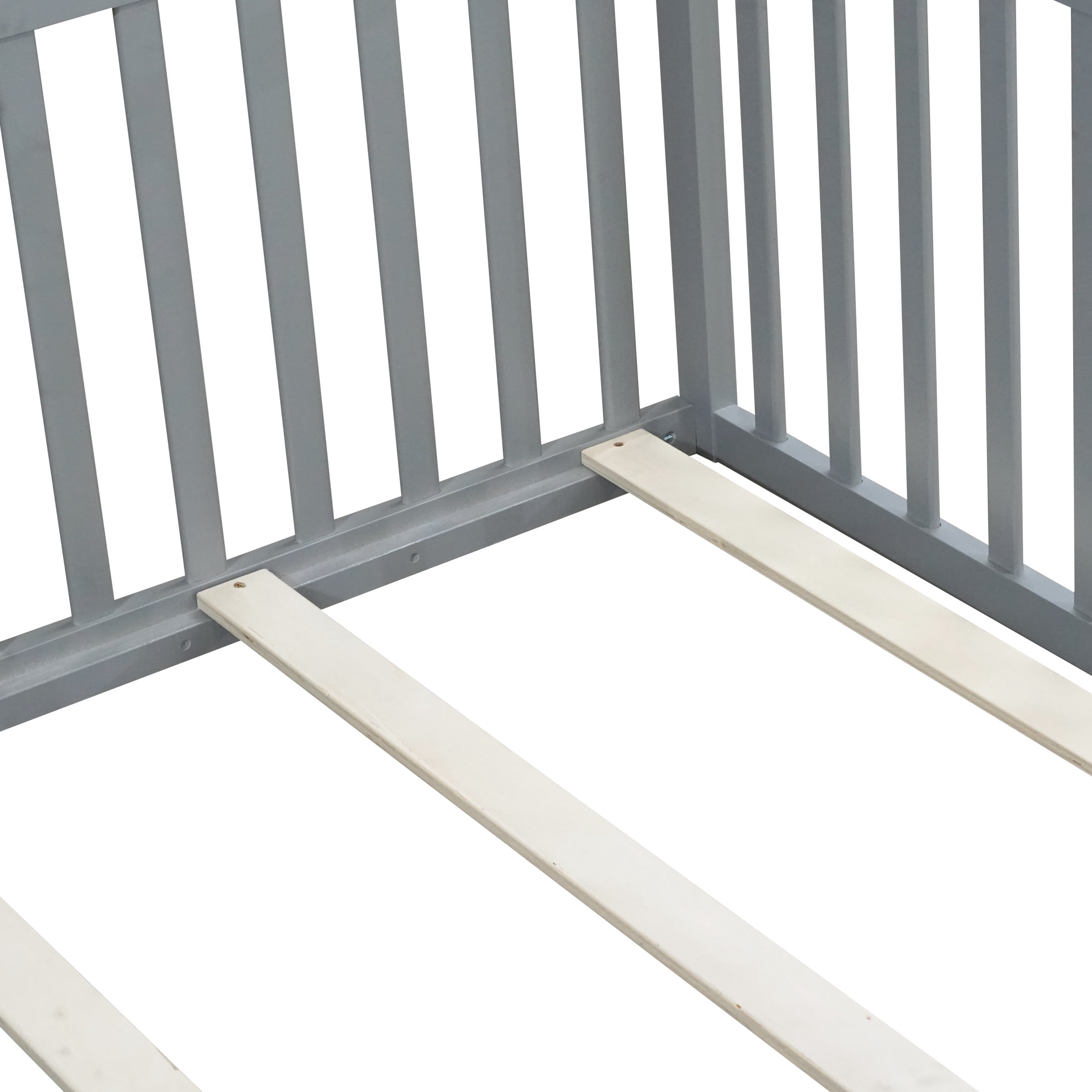 Noble House Nira Full Floor Bed with High Fence and Door, Rubber Wood Montessori Bed Frame, Kids' Room, Gray
