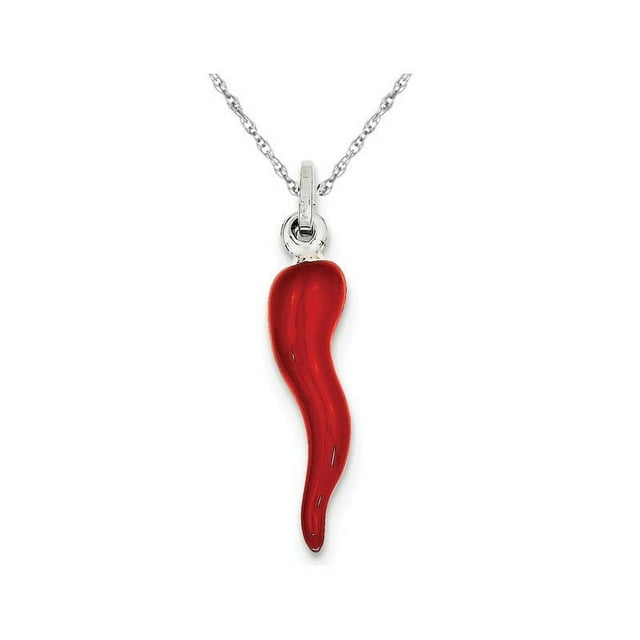 Red Enamel Italian Horn Pendant Necklace in Sterling Silver