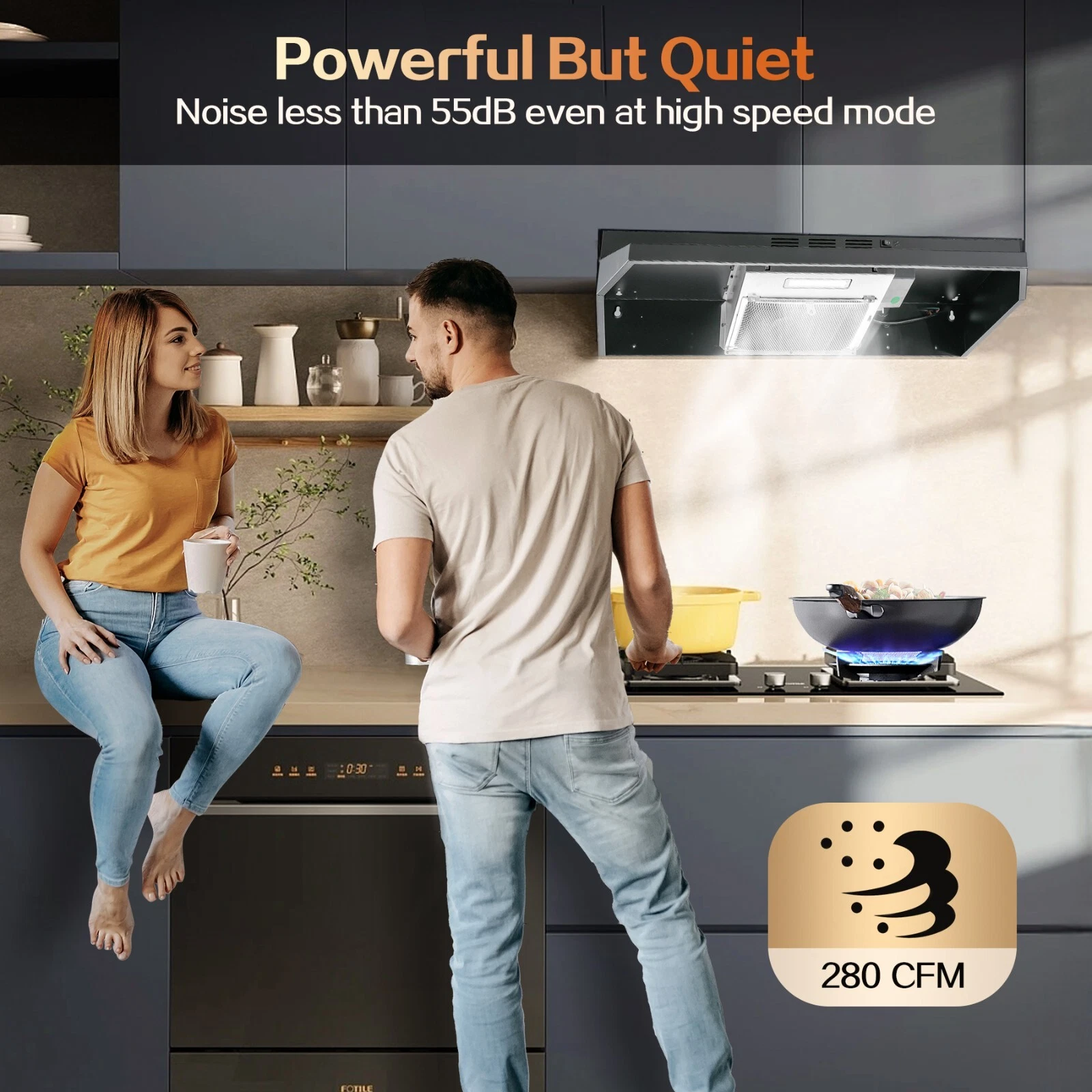 24 inch Under Cabinet Range Hood 2-Speed 280CFM Kitchen Vent Aluminum Grease Filter Effective LED Light Black Stainless Steel