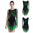 thumbnail image 6 of Aislor Women's Figure Ice Skating Dress Long Sleeve Rhinestones Irregular Mesh Bodysuit Ballet Dance Costume Dark Green L, 6 of 7