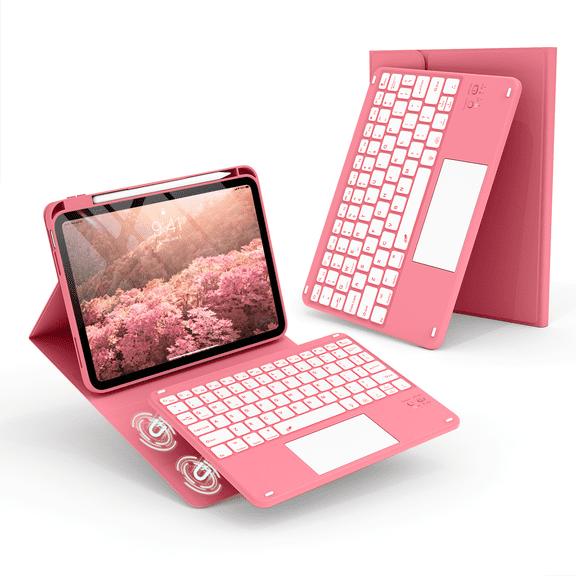 Kenke Keyboard Case Compatible for iPad (A16) 11/10th Generation 11/10.9 inch 2025/2020, Folio Cover with Pencil Holder, Multi-Touch Trackpad, 7 Color Backlit, Detachable Bluetooth Keyboard, Pink Red