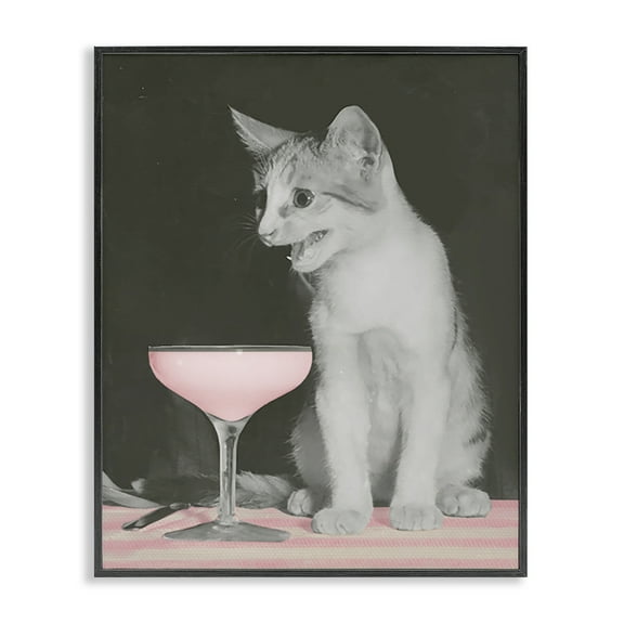 Stupell Industries Cat & Pink Drink Food & Beverage Painting Black Framed Art Print Wall Art, 11 x 14