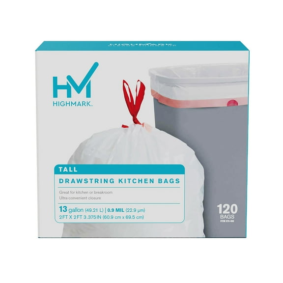 Highmark 0.9-mil Drawstring Trash Bags, 13 Gallons, White, Box Of 120, DP848808