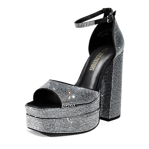 Sandalias de Tacón para Mujer DREAM PAIRS Negras con Plataforma y Pedrería 7.5