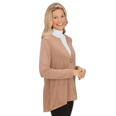 Women's Faux Suede 1-Button Jacket Top - Smooth Luxurious Texture, Medium, Camel  - Made in the