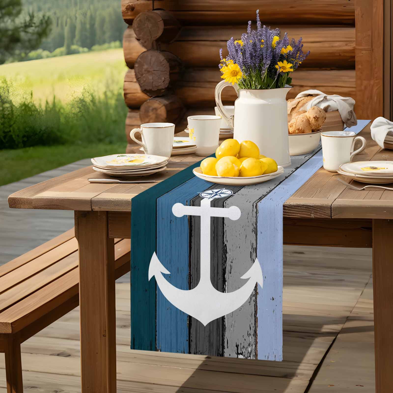 Nautical Anchor Ocean Theme Table Runner 90 Inches Long, Farm Blue Wood Board Table Runners Tabletop Scarf Kitchen Dining Tables Decoration for Home Party Indoor Outdoor