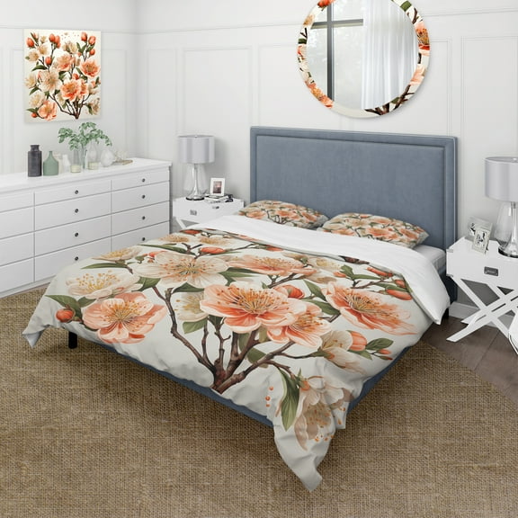 Designart "Blissful Peach Blossoms IV" Floral Bedding Covert Set - Traditional Peach Bed Set With 2 Shams
