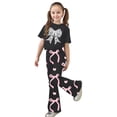 thumbnail image 4 of 2 Piece Set for Girls Valentines Heart Print Bow Detail Short Sleeve Top and Wide Leg Pants Cute Outfit for Kids, 4 of 4