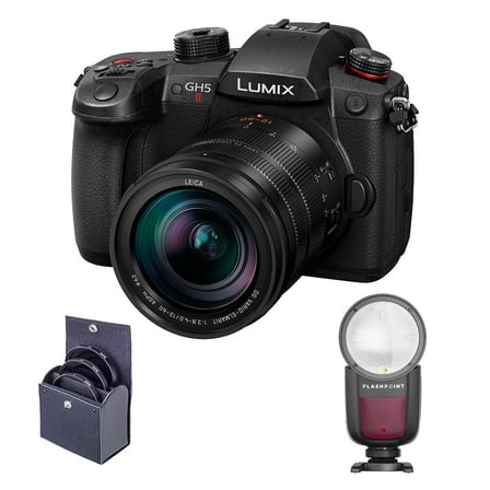 LUMIX GH5II Mirrorless Camera with Leica 12-60mm f/2.8-4.0 Lens Bundle with Flashpoint Zoom Li-on X R2 TTL Round Flash Speedlight, Filter Kit