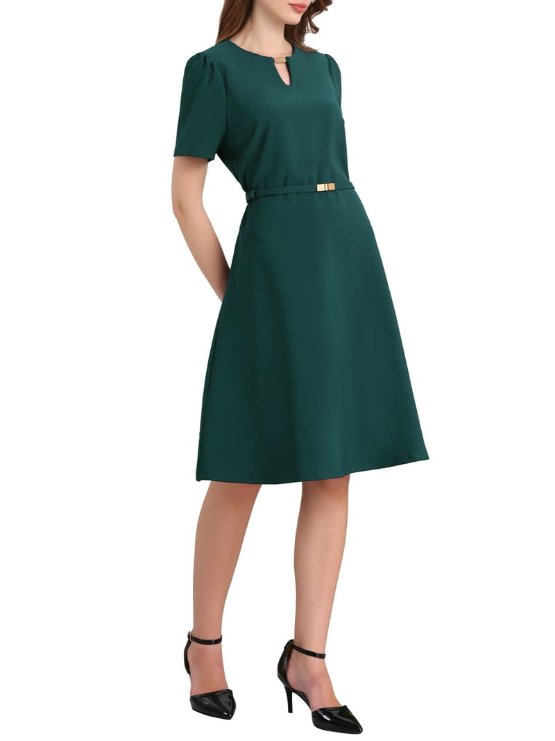 Inspire Chic Mother's Day Women's Cocktail A-Line Dress Choker V Neck Short Sleeve Belted Elegant Flare Dresses S Blue Green, Size: Small