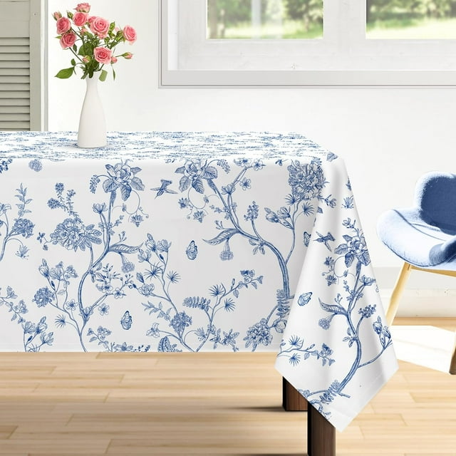 sasyxdc Chinoiserie Bird Branch Tablecloth Waterproof Vintage French Country Table Cloth Rectangle Stain Resistant Washable Table Cover for Home Kitchen Dining Party Decoration (60×84