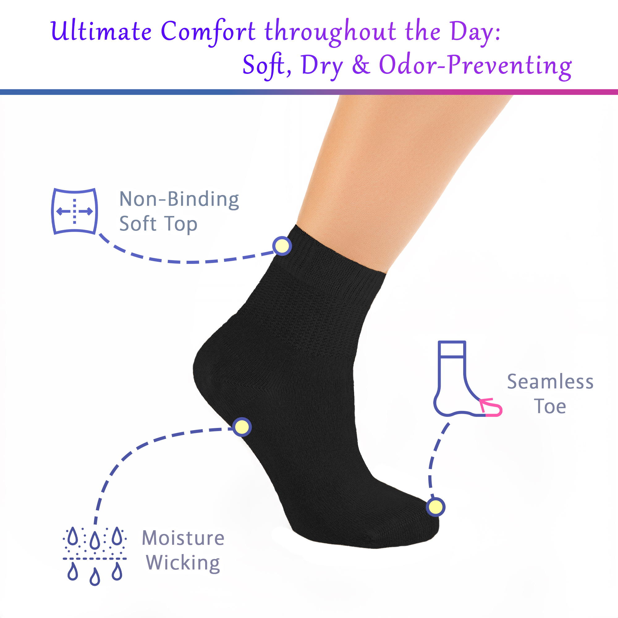 PureTwine Diabetic Socks for Women 4-6-8 Pair Neuropathy Ankle Socks for Ladies Super Soft Thin Bamboo Viscose Material Durable with Seamless Toe and Non-Binding Loose&nbsp;Top&nbsp;4&nbsp;Seasons