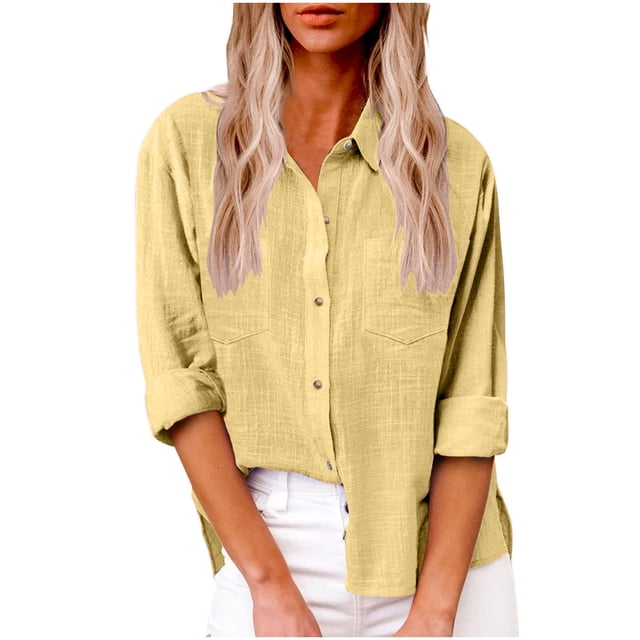 Enjoytime Button Down Shirts for Women Solid Color Loose Long Sleeve Blouse Work Casual Plus Size Spring Tops for Women