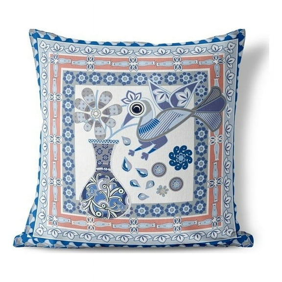Birdsong Bouquet Vase Throw Pillow with Removable Cover in Blue 16x16