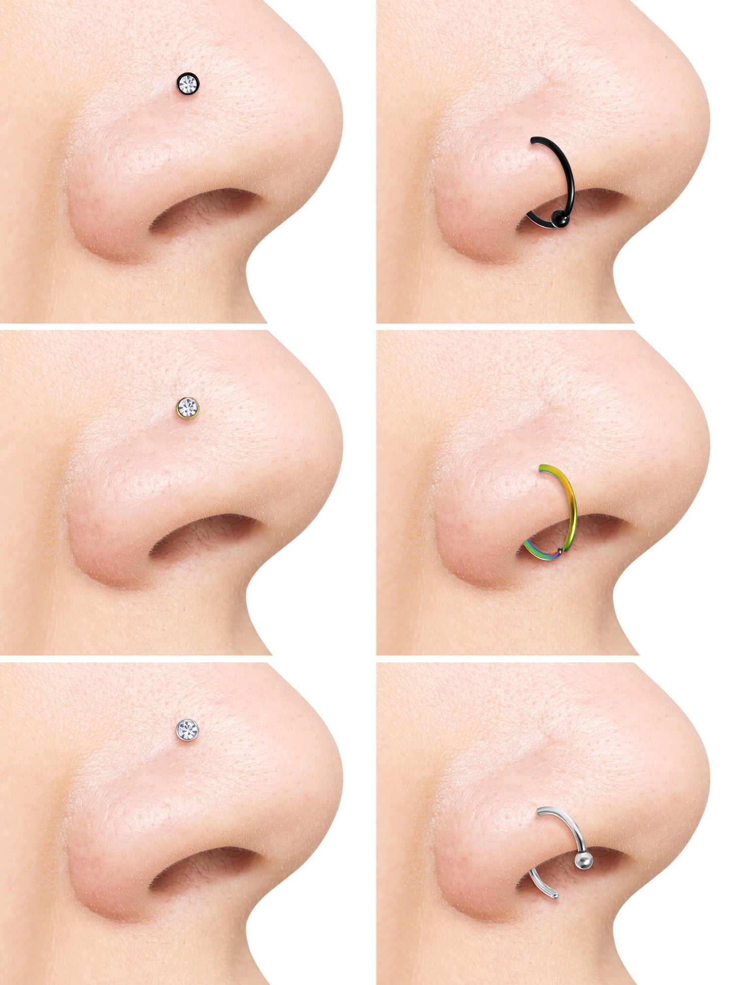 Body Jewelry Adult Women's Stainless Steel 316L 20G Crystal Nose and Hoop Set, 6 Pack