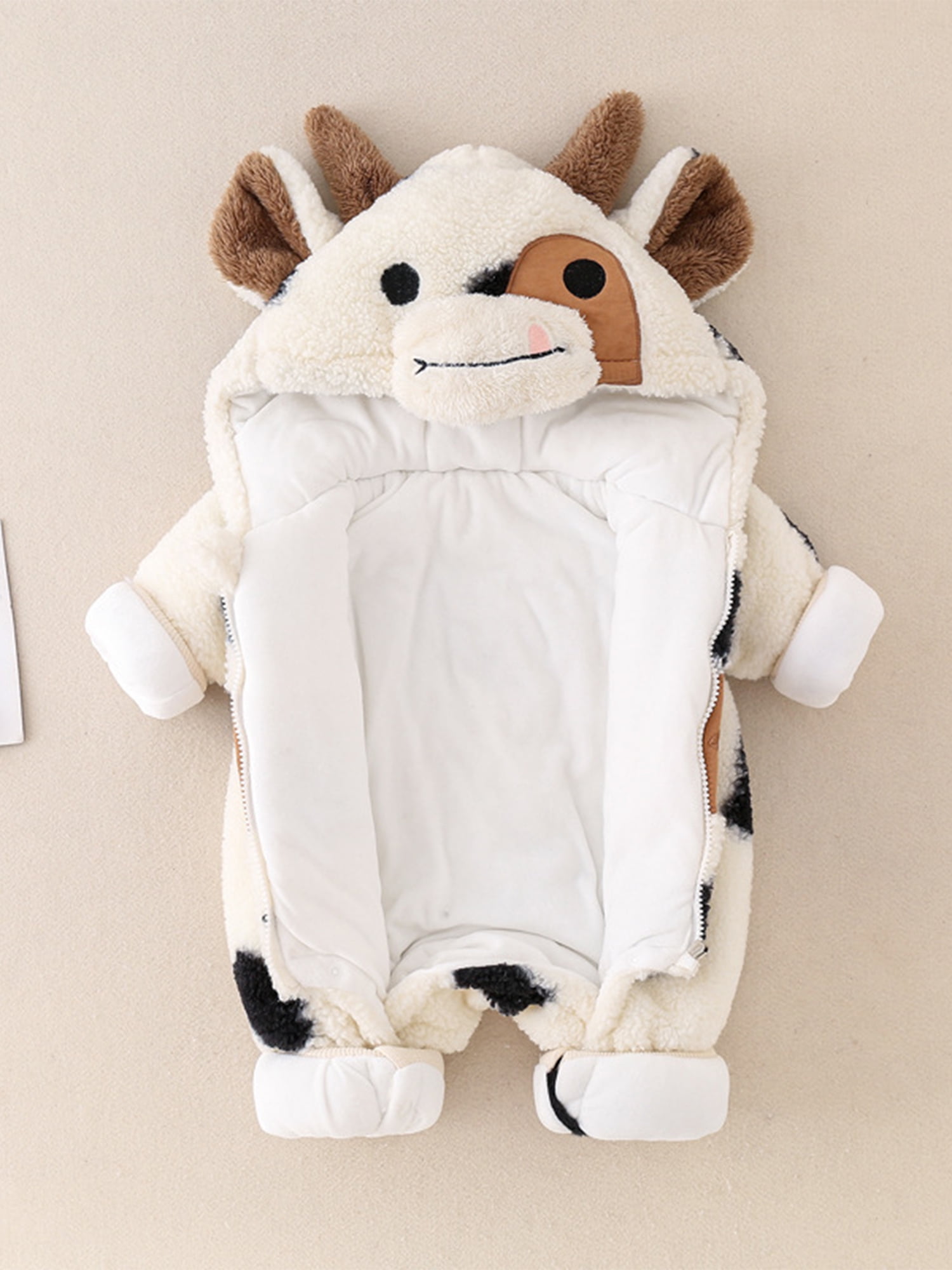 Baby Girls Boys Cow Hoodie Plush Jumpsuit Long Sleeve Cartoon Cow Zipper Romper Halloween Cow Costume Winter Clothes