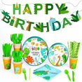 thumbnail image 1 of Plato de papel con forma de dinosaurio verde de dibujos animados, vaso de papel, mantel, cuchillo, tenedor, cuchara, decoración para fiestas, vajilla, 1 of 3