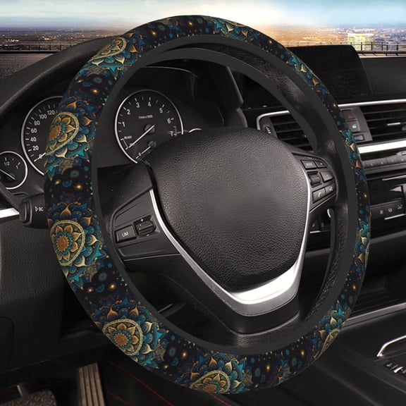 Steering Wheel Cover Anti-Slip Elastic Car Protective Universal 15 Inch Fit for Vehicles Auto SUVs , Ethnic Bohemian Mandala Geometric