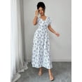 thumbnail image 6 of Blue And White V-Neck Puff Sleeve Waist-Slimming Ditsy Floral Maxi Dress For Women Spring Summer, 6 of 7