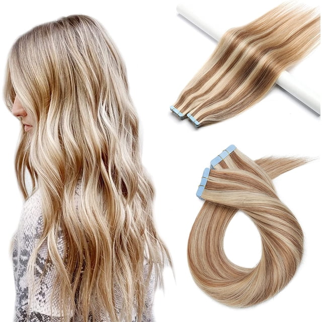 AmPm Tape In Hair Extensions Human Hair 20pcs 16 Inch 50g /Dark Blonde/ Ombre 100% Remy Human Hair Balayage Rooted Hair Invisible Seamless Skin Weft Double Side Tape for Women