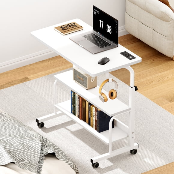 SogesPower Adjustable Side Table on Wheels,Mobile Desk with Two Storage Compartments,USB Ports,Sockets,White
