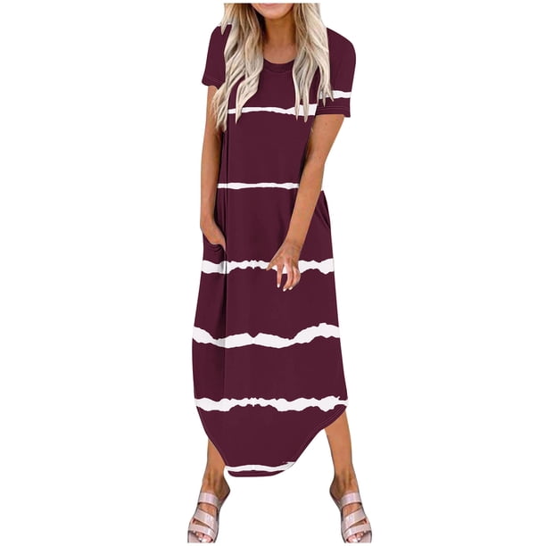 Vestidos de Verano de Mujer Casual Cuello Redondo Bolsillos de Manga Corta Impresión Vestido Largo, Vestido Ligero de Poliéster para Diario, Fiesta Y Primavera