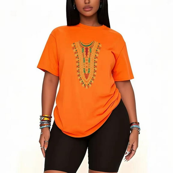 2 Piece Women's African Print Traditional Tribal Dashiki Pride Attire Kente Outfit Sleeve Oversized Tshirts and Shorts Lounge Sets-orange-XL