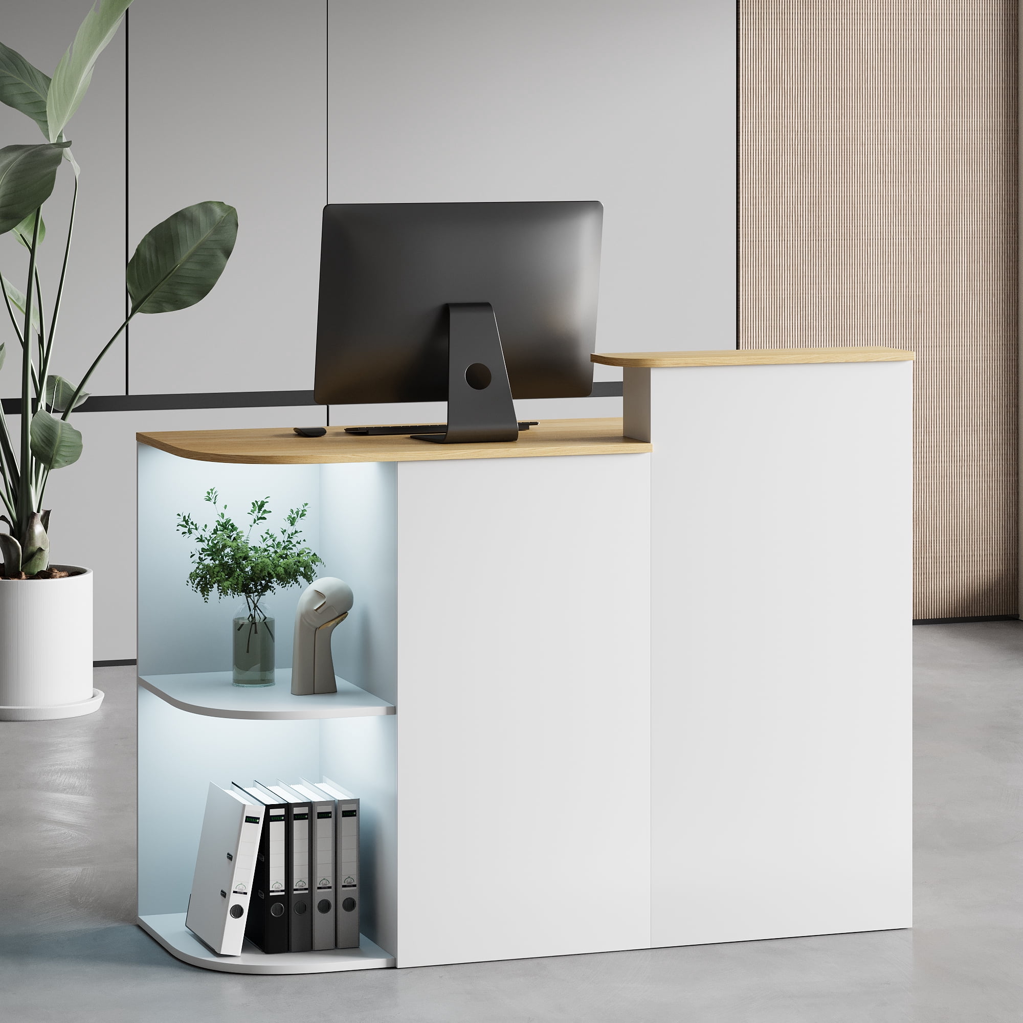 Advwin Modern Reception Desk with LED Light, Power Outlets, Lockable Drawer & Storage Shelves, Front Desk Counter Table for Office, Lobby, Spa, Nail Salon, White & Wood