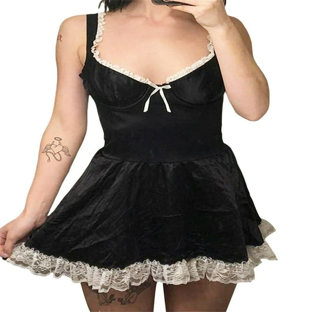 Women‘s Mini A-Line Dress Sleeveless Bow Front Solid Color Lace Trim Tank Dress