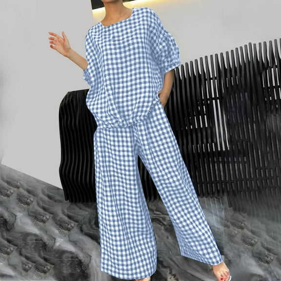 Aueoeo 2 Piece Sets For Women Plaid Outfits Shorts Sleeve Oversized Spring Vacation Pullover Long Pants Causal Suits