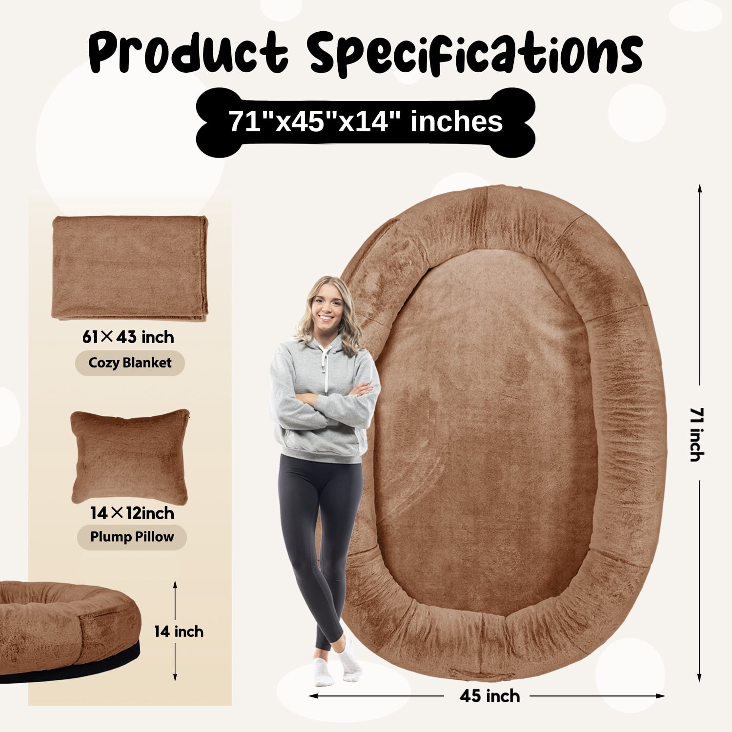 Human Dog Bed for Pets and Adults, 71"x45"x14" Human Size Giant Dog Pets Bed, Washable Faux Fur Cover for Humans with Blanket and Pillow,Dark Brown