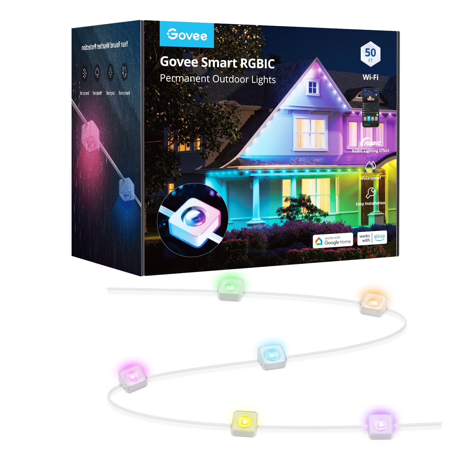 Govee 50ft RGBIC Smart White Permanent Outdoor LED Strip Lights with 36 Lights, Color-Changing, IP67 Waterproof, WiFi + Bluetooth, Patio, Garden Decor, Holiday Lighting