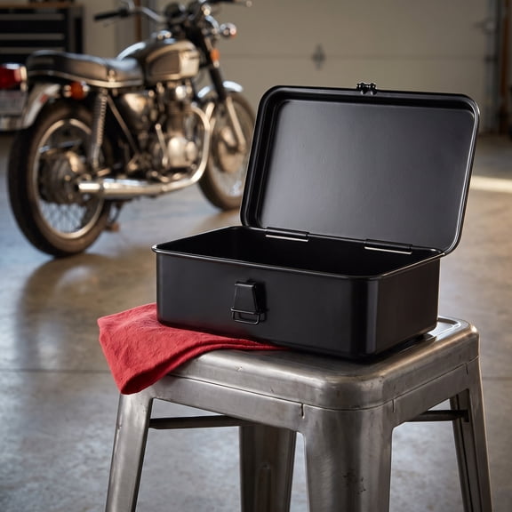 WASHWEPE Compact Iron Tool Box Organizer with Buckle Durable Black Portable Storage