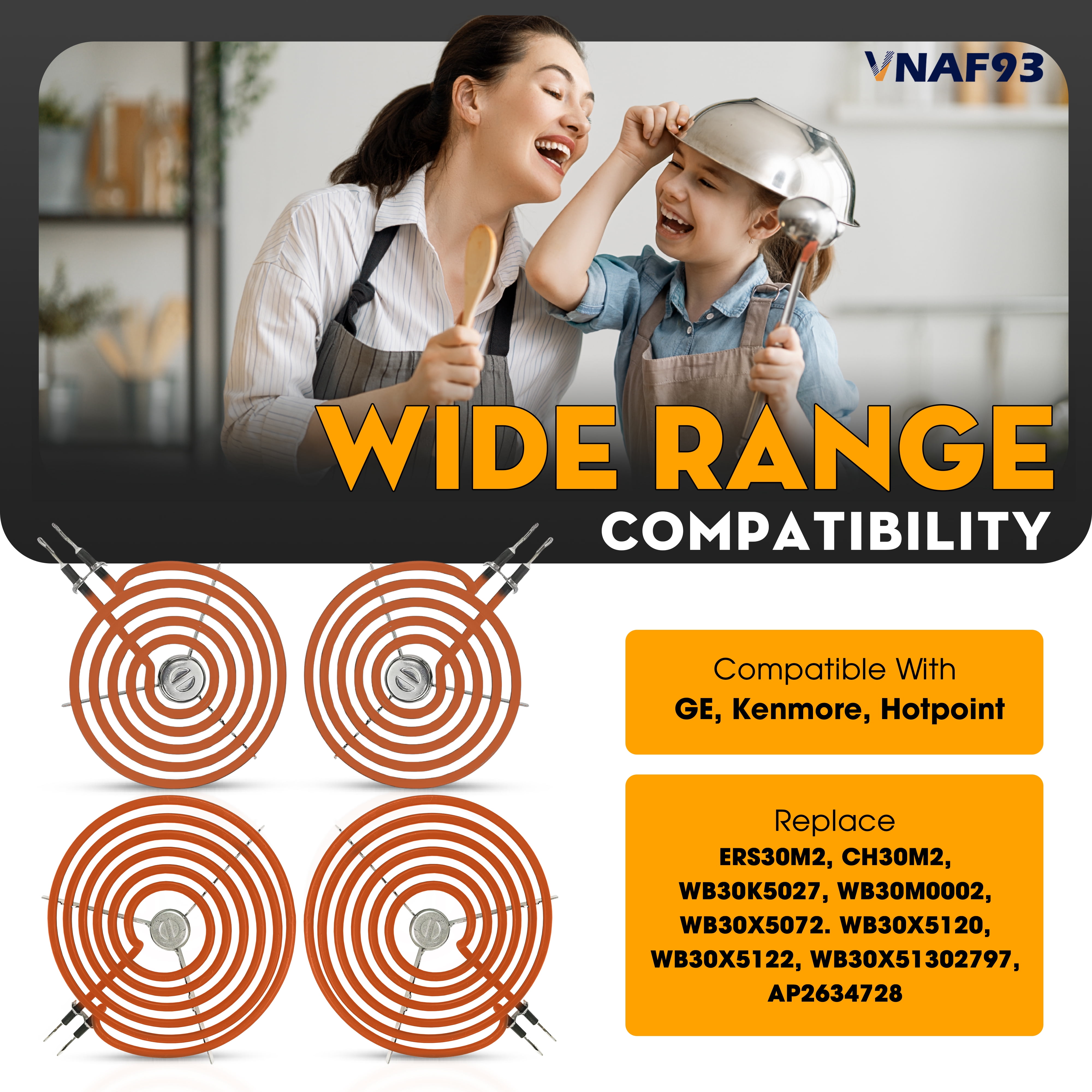 VNAF93 Upgraded Set 4 Pack WB30M1 WB30M2 Electric Stove Burner for GE Hotpoint Stove Element, Includes 2 x WB30M1 (6") and 2 x WB30M2 (8") Stove Burner Kit - Fit for GE Electric Range Burner
