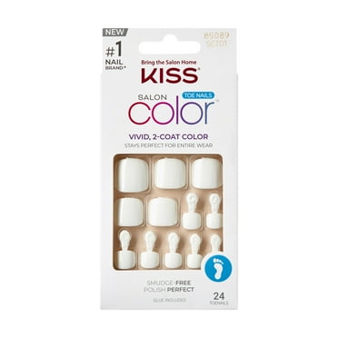 KISS Salon Color Short Square Press-On Toenails with Glue, White, 24 Pieces
