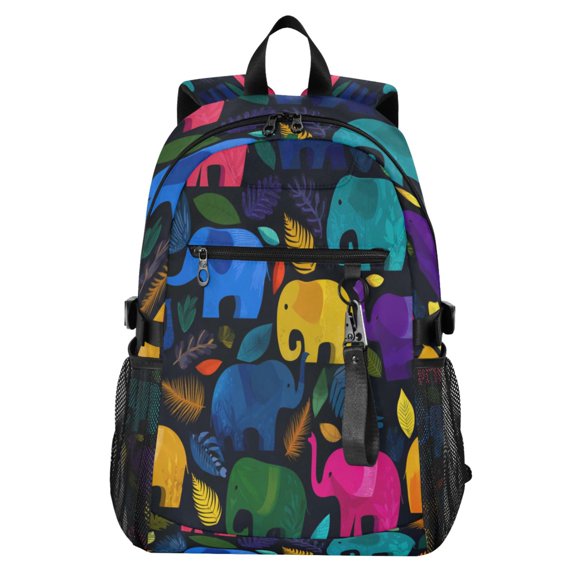 Full‑Print Casual Laptop Backpack, 20L Water‑Resistant Twill Tote Daypack with 14 Inch Computer Compartment for School Business Travel Cute Colorful Elephant