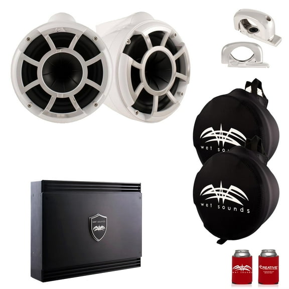 Wet Sounds White REV 10 Fixed Clamp Tower Speakers with Wet Sounds SDX2 1250 Watt Amplifier & Suitz Speaker Covers