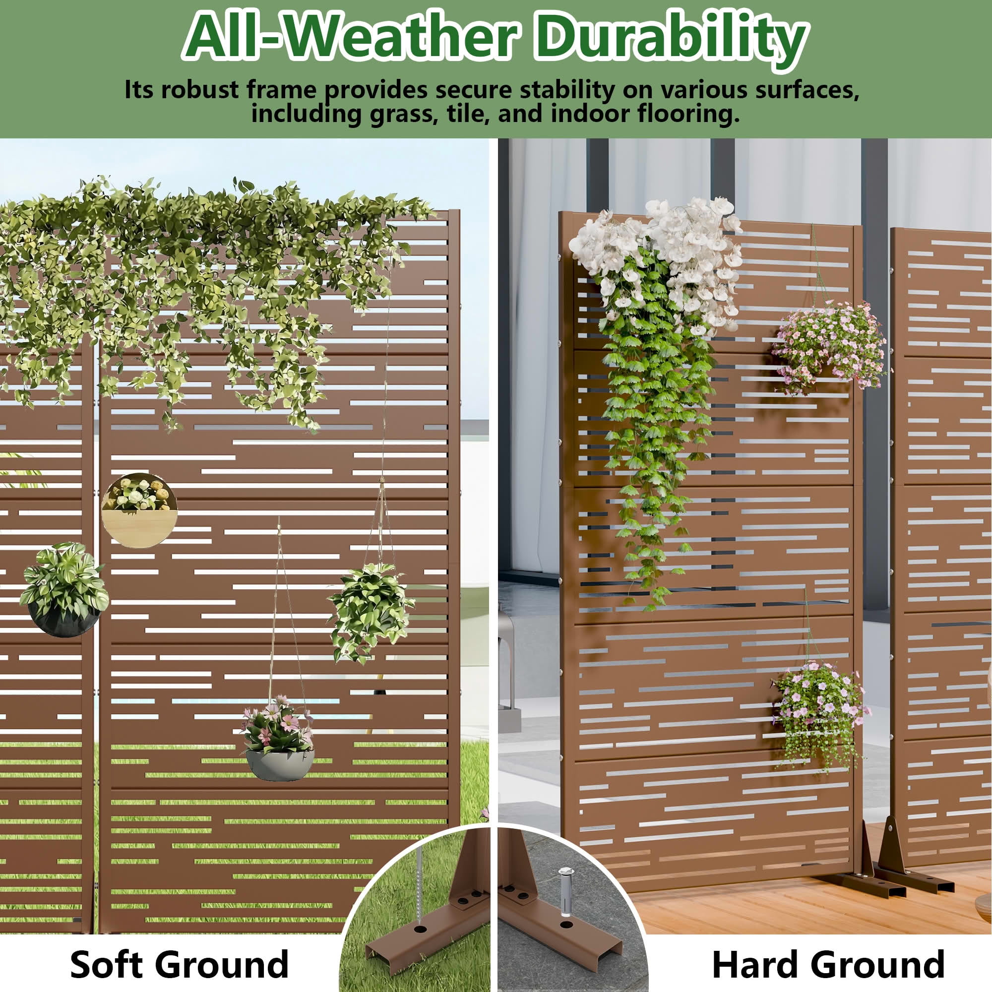 MAYEERTY 2-Piece Outdoor Metal Privacy Screen 5ft Brown, 5-Panel Light & Shadow Pattern, Rust-Resistant for Garden