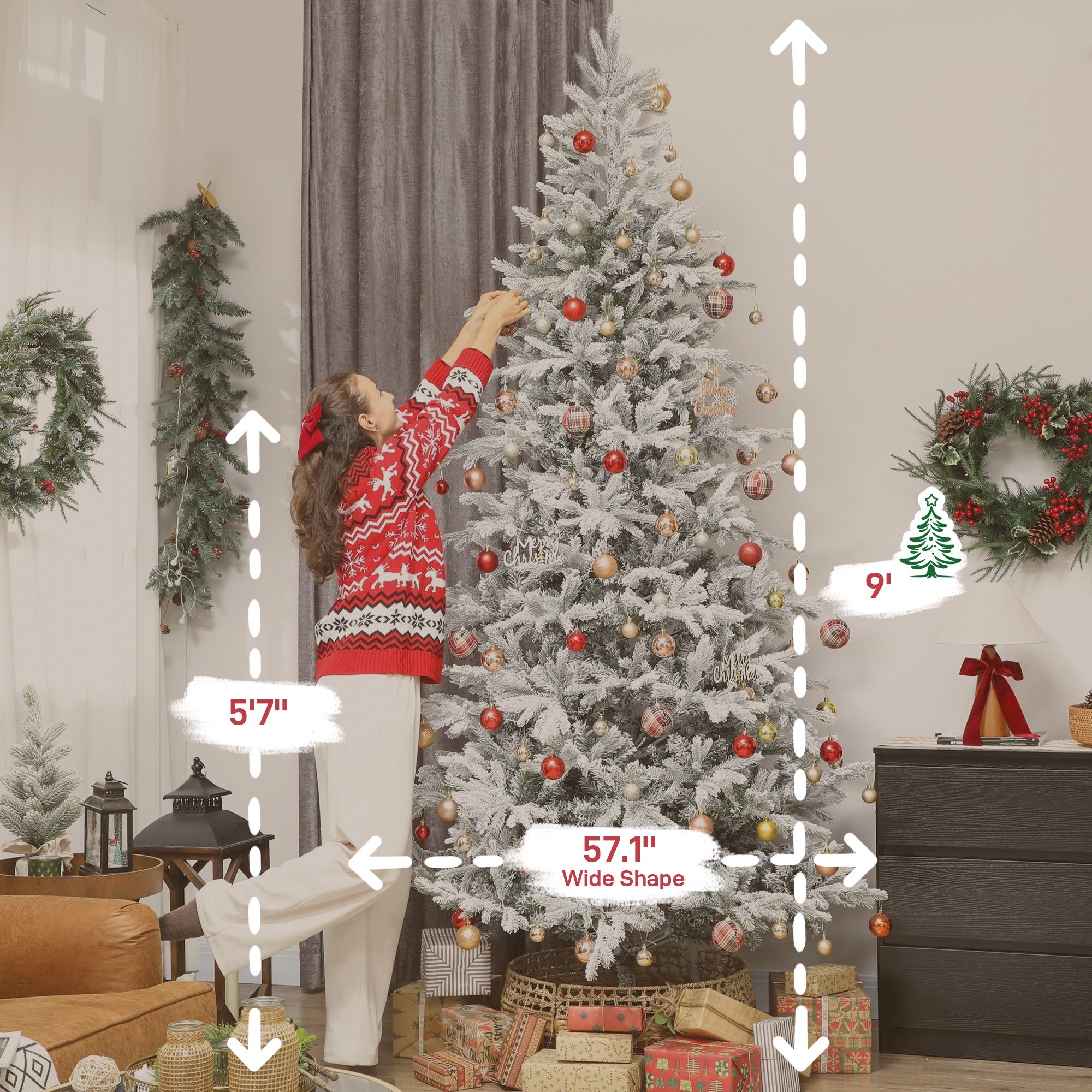 9 ft Artificial Frosted Christmas Tree with Realistic Branches, Wide Full Spruce, Hinged Xmas Tree, Easy Assembly