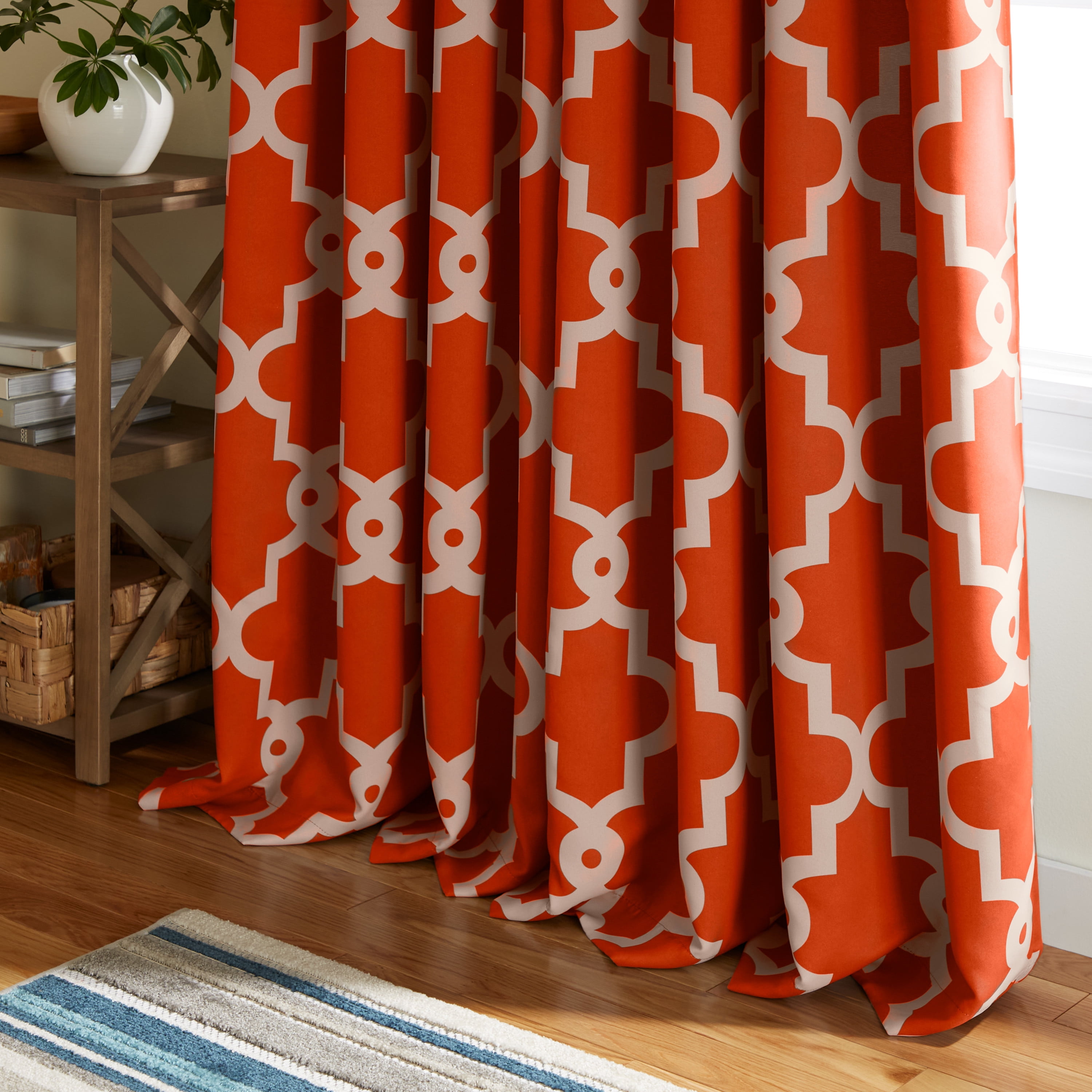 TOWN & COUNTRY EVERYDAY Ironwork Geo Trellis Sateen Indoor Curtains, Room Darkening Blackout, Grommet Top, Energy Efficient, 2-Pack Set, 52"x96", Mecca Orange