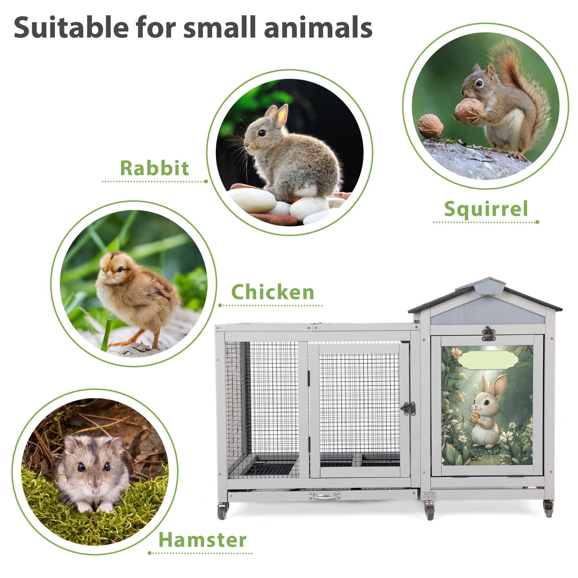 39.5inches Assembled Wood Rabbit Hutch Indoor，Wide Space Small Animal Houses Habitats with Removable Tray&Safety Lock，Bunny Cage with Waterproof Roof&Solar Panels (Grey)