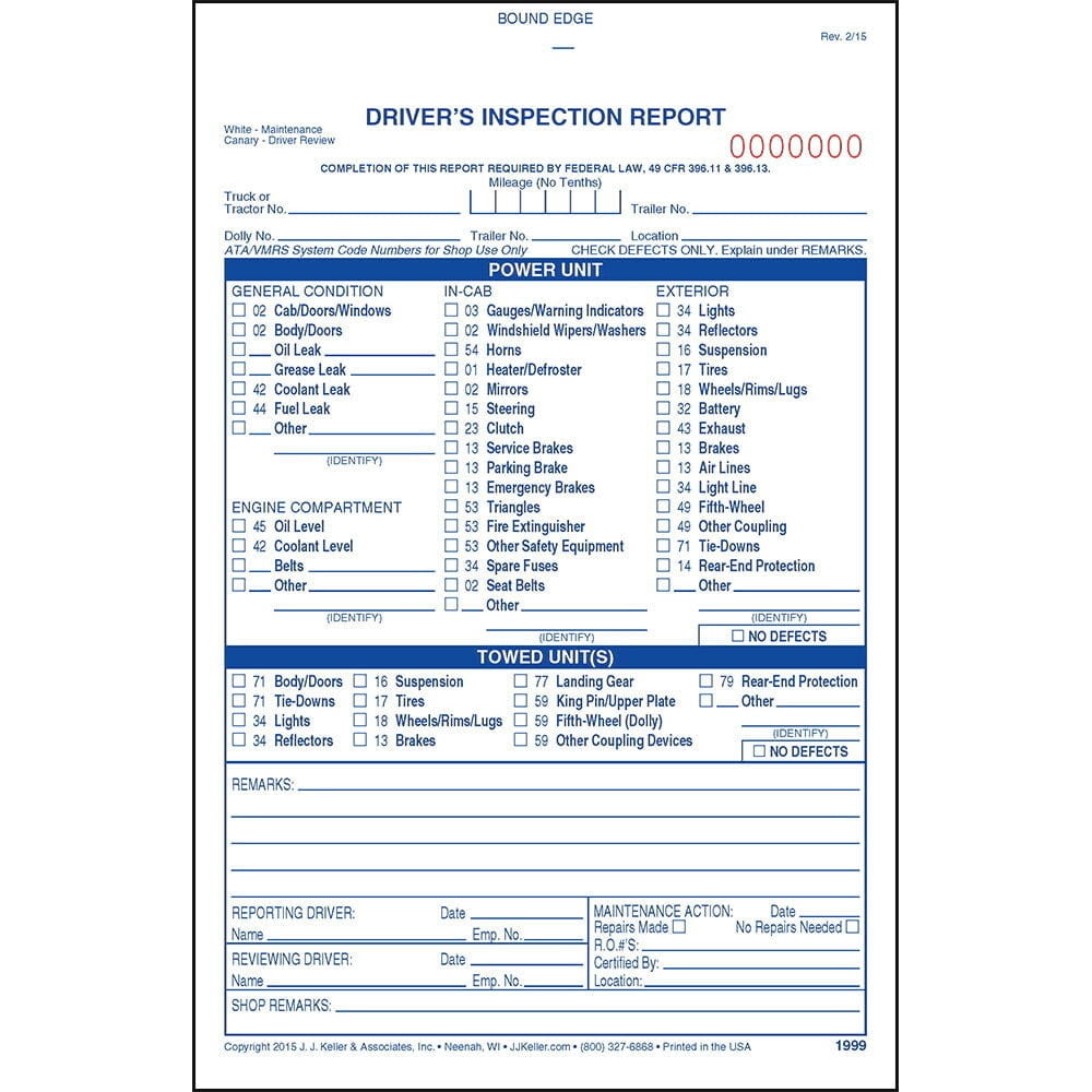 Detailed Driver's Vehicle Inspection Report 5-pk. - Book Format, 3-Ply Carbonless, Blue Ink, 5.5" x 8.5" - 31 Sets of Forms Per DVIR Book - Meet FMCSR Requirements - J. J. Keller & Associates