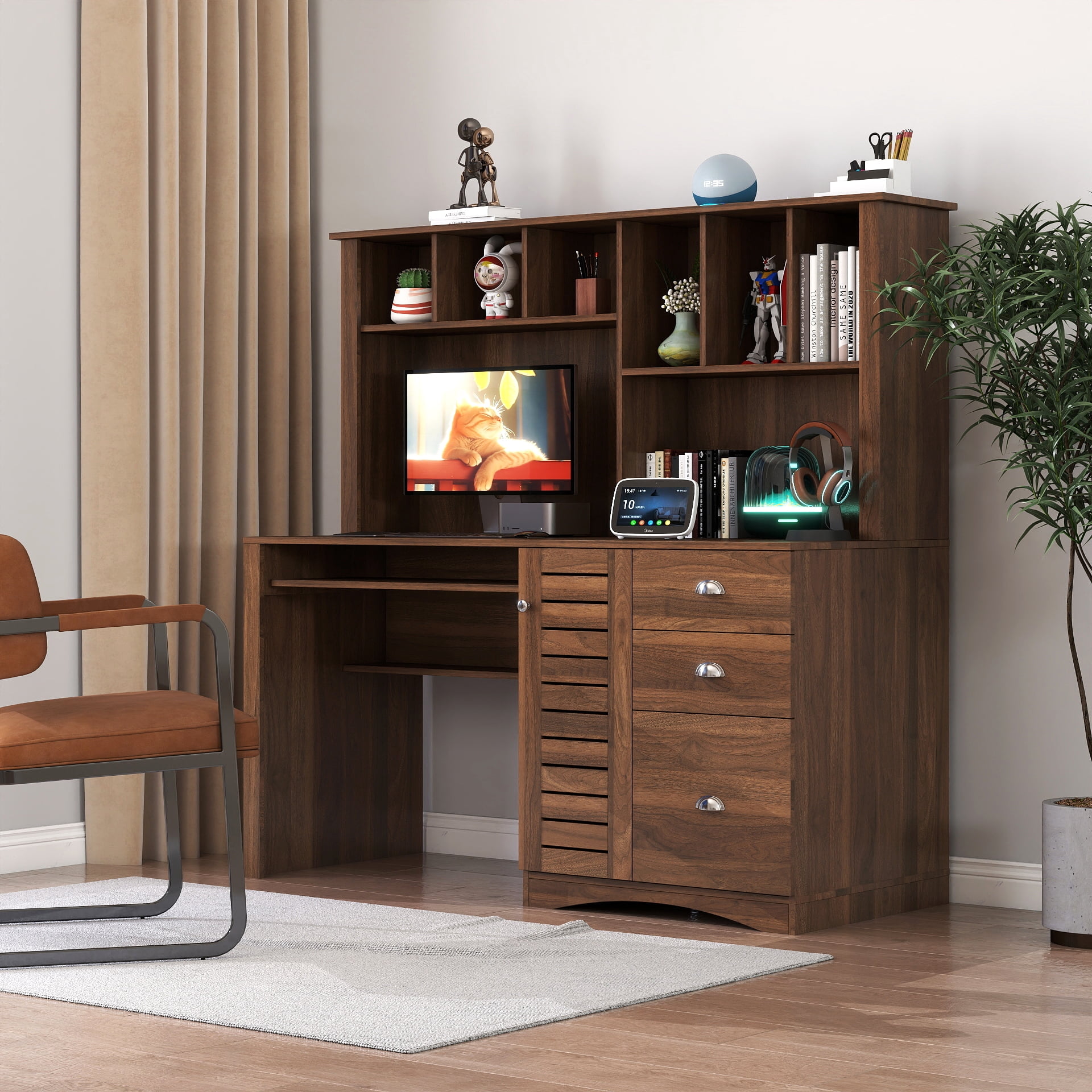 GAKMCIL 59.06"(L) Computer Desk with 2-tier open Hutch, 3 large drawer & Keyboard Tray, Home Office Desk, Executive Desk, Large Writing Desk, Space-Saving Design for Study or Bedroom Workspace,Walnut