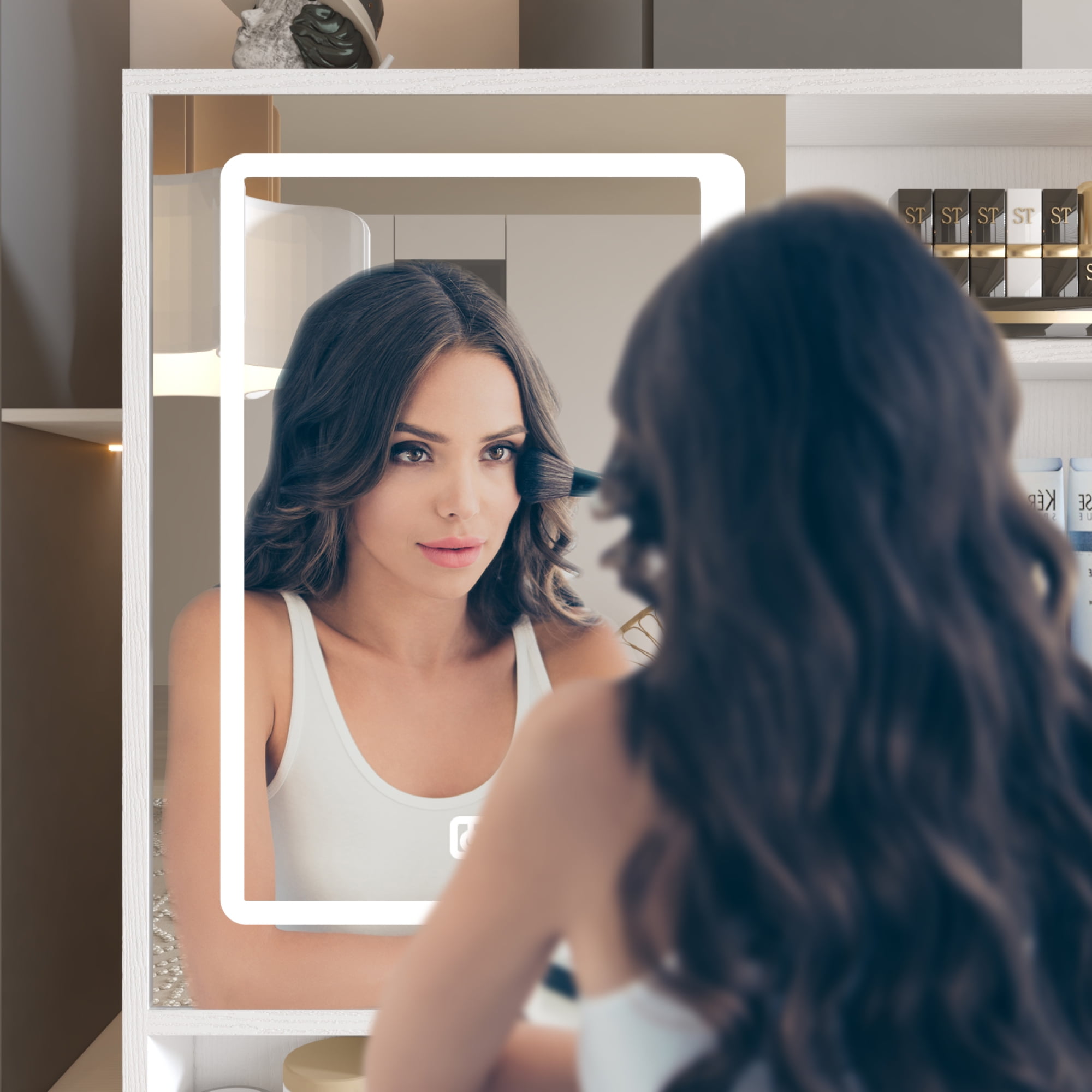 Makeup Vanity with Lights in 3 Colors Vanity Desk with 4 Drawers & 1 Cabinets for Bedroom