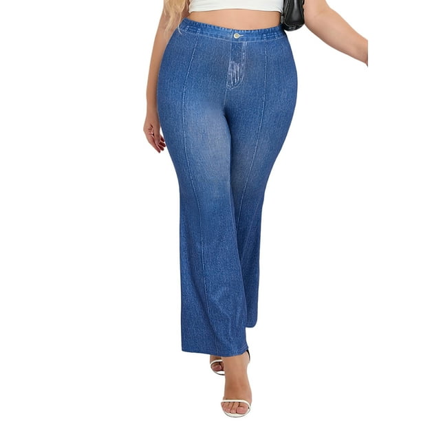 Avamo Ladies Plus Size Leggings High Waist Faux Denim Flare Pants Tummy  Control Bell Bottom Fake Jeans Full Length Trousers Sport Blue 2XL 