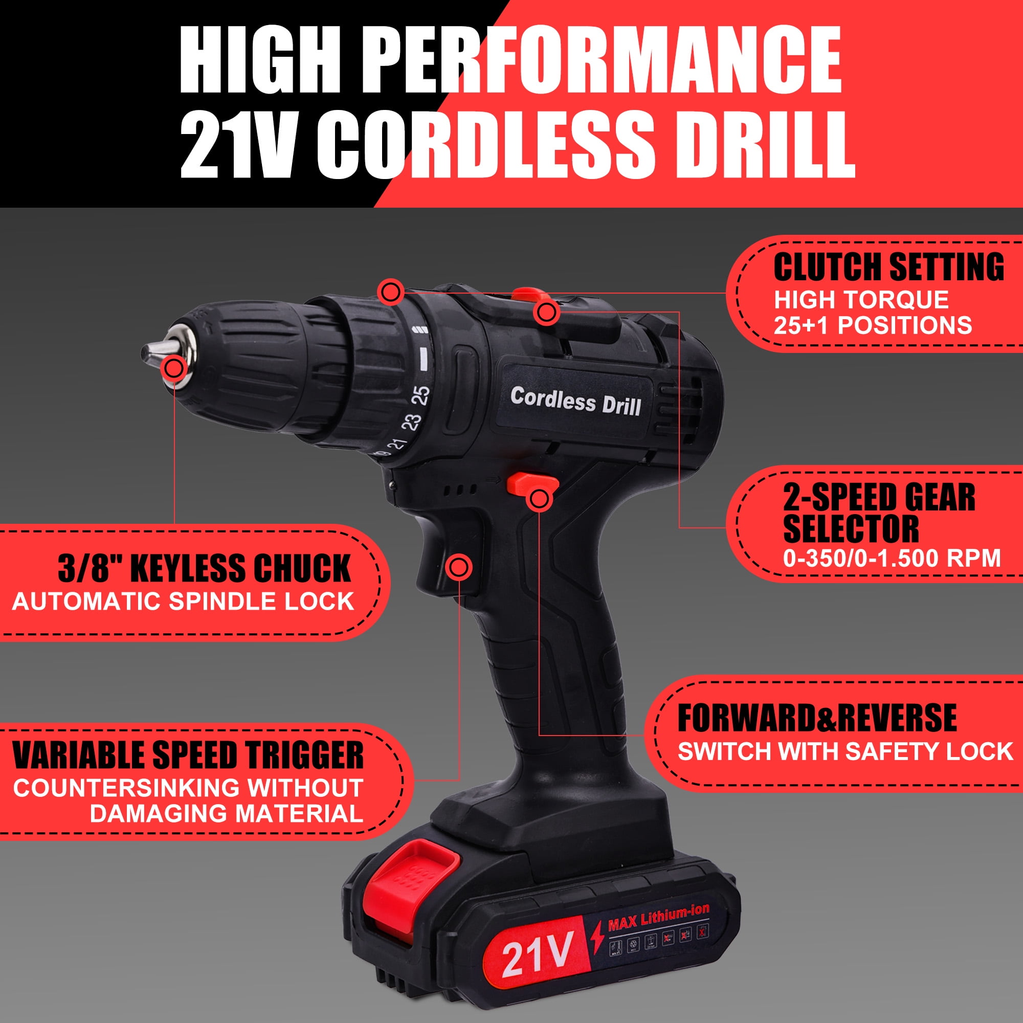 HDJ 21V Max Cordless Drill with 2 Batteries, 3/8" Electric Drill Drivers Set Variable Speed ,Black