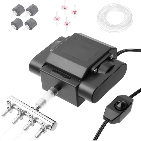 Powerful Aquarium Air Pump Adjustable Fish Oxygen Aerator Pump for Basement Aquarium Ponds Hydroponic 4 Outlets Commercial Air Pump Bubbler with Accessories for Fish Tank Up to 600Gal(10W,237GPH)